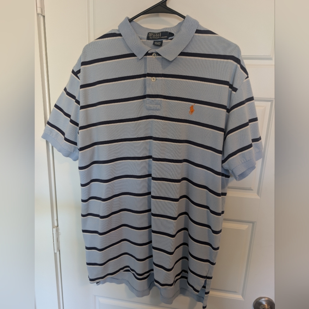 VINTAGE 90s Polo Ralph Lauren Striped Shirt Orange Pony Blue White Large